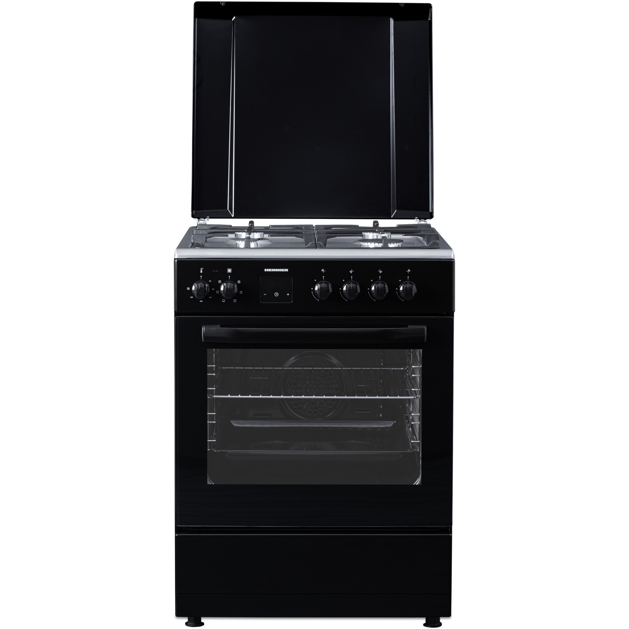 Aragaz mixt Heinner HFSC-S66FDCC-IBK, digital, 4 arzatoare, cuptor electric, autocuratare catalitica, timer, grill, ventilatie, aprindere electrica plita, sertar inferior vase, 60x