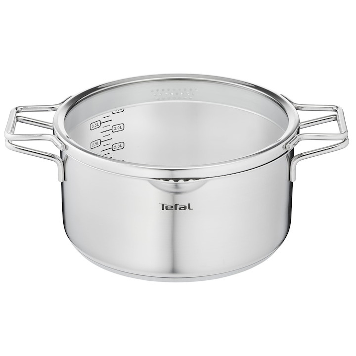 Тенджера - Tefal - H85246 Nordic тенджера, 24 см със стъклен капак, двойни дръжки, тенджера от неръждаема стомана, всички видове котлони, подходяща за индукция, здрав под, неръждаема стомана