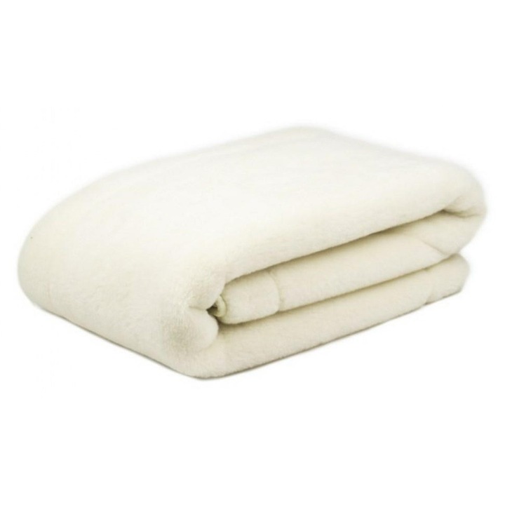 Patură din lână merinos Kampol Alaska, 200x200cm, 1200g/m2, două fețe, crem