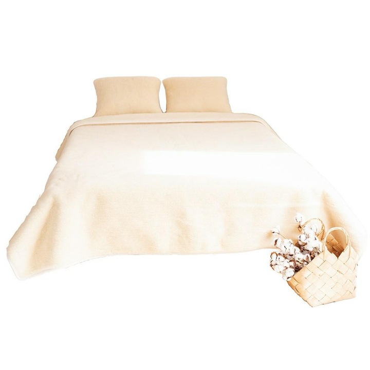 Set lenjerie de pat Kampol, 200x200cm, 2 perne 50x60cm, lana merinos, crem