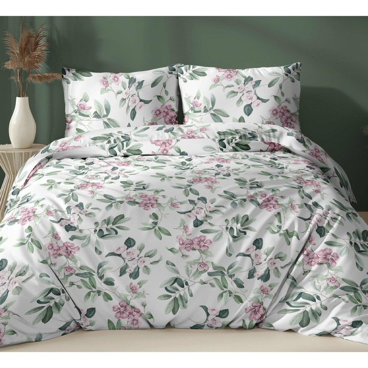 Lenjerie de pat Karo, 160x200cm, 100% bumbac, alb-verde, set 3 piese