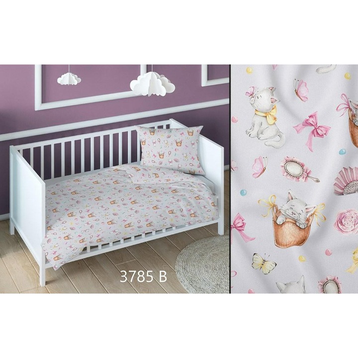 Lenjerie de pat Karo, 160x200cm, 100% bumbac, set 3 piese, roz-gri