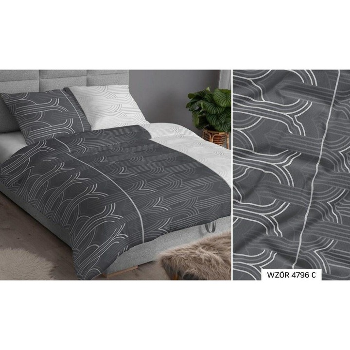 Lenjerie de pat satin 160x200 gri alb geometrie cu fermoar 4796 C KARO Satin