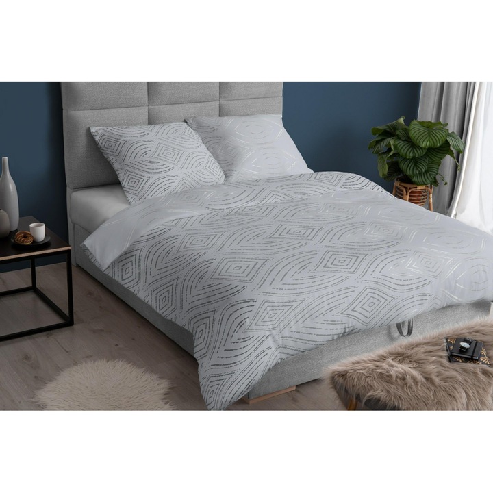 Lenjerie de pat satin 140x200 geometrie gri cu fermoar 4878 C KARO Satin