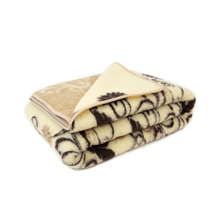 Одеяло от мериносова вълна Kampol SOFIO 150x200 см, геометричен дизайн, бежово с кафяви мотиви