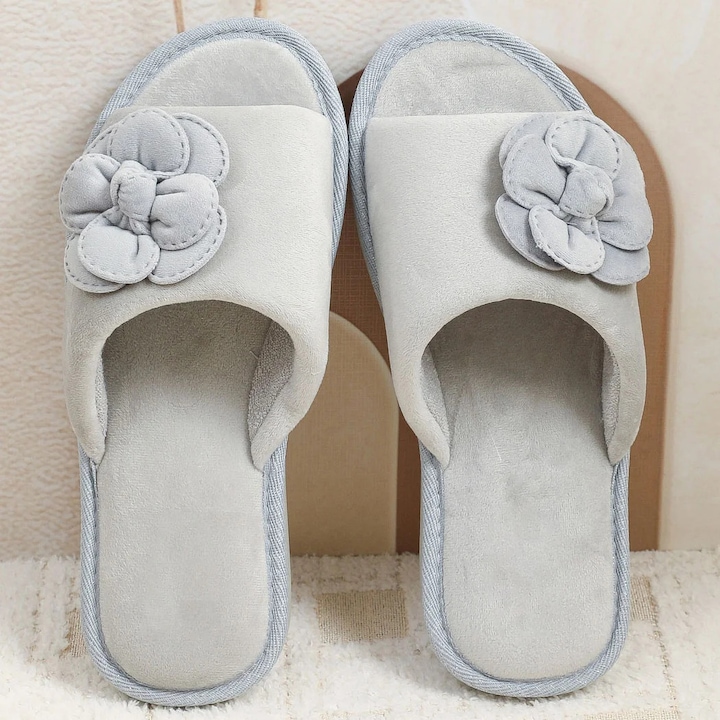 Papuci dama pentru interior, stil elegant, catifelati, cu floare si talpa antiderapanta, Gri, 38
