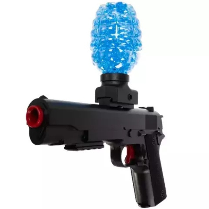 Pistol cu Bile Gel si Gloante din Spuma VarioShop®, Raza de actiune 15 m, Ochelari de protectie, 6000 de bile cu Gel, 5 Gloante moi, Diametru 7-8 mm, Accesorii incluse, Dimensiuni 40 x 26.5 x 4 cm, Negru