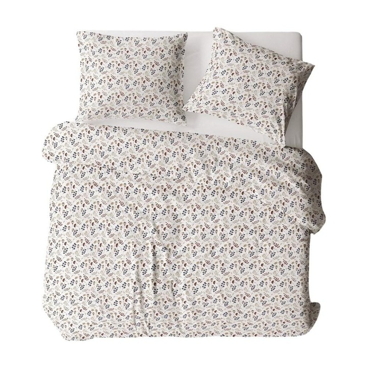 Lenjerie de pat flanel 140x200 614N alb bej flori multicolore Flanel Comfort prins cu nasturi