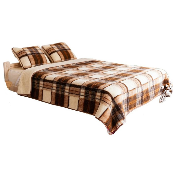 Set lenjerie de pat din lana naturala de merinos, Kampol, patura 200x200, 2 perne 50x60, cearceaf din lana 200x200, crem/maro