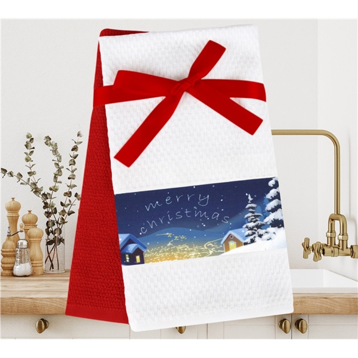 Комплект кухненски кърпи Greno, 2 бр., бели и червени, 40x60 см, празничен 3D дизайн