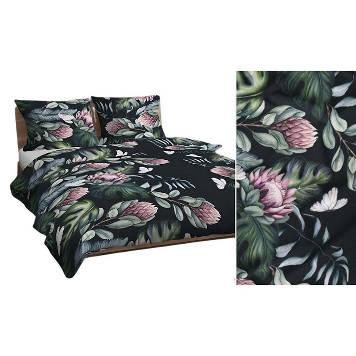 Lenjerie de pat 160x200 negru verde roz frunze flori 4735 B bumbac Max