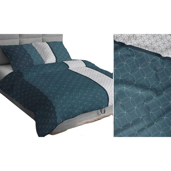 Lenjerie de pat Karo, 160x200cm, 100% bumbac, set 3 piese, alb si turcoaz