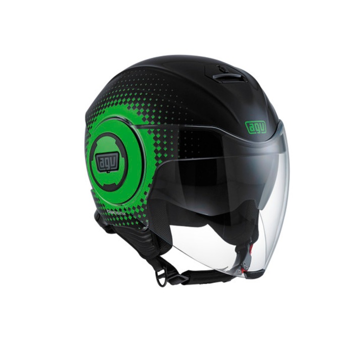 Casca moto open face FLUID AGV E2205 MULTI PIX BLACK GREEN made by AGV Italia, omologare E2205, ochelari de soare, Marimea S