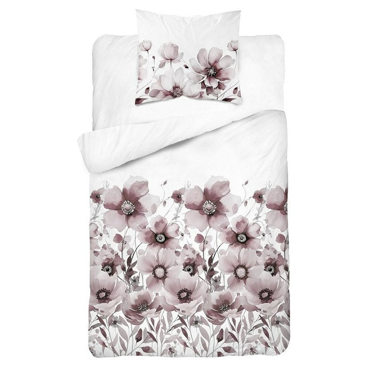 Lenjerie de pat 140x200 flori albe roz 5249 B Bumbac 48