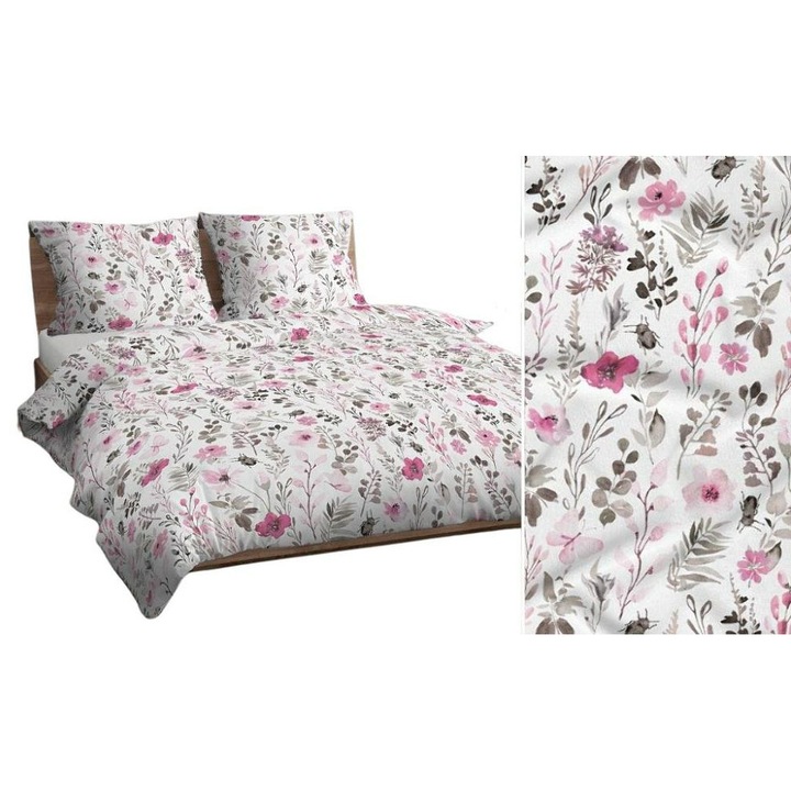 Lenjerie de pat 140x200 alb roz gri flori frunze bumbac 3460 C Max