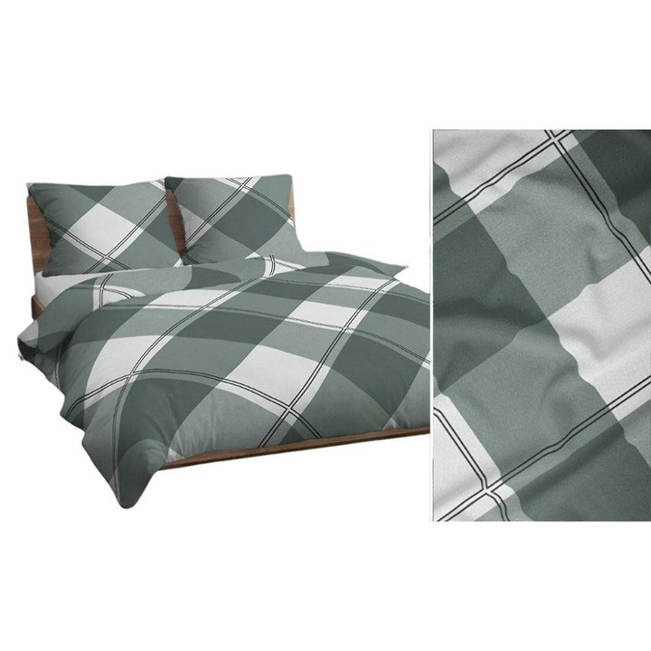 Lenjerie de pat Karo, 160x200cm, 100% bumbac, alb-verde, set 3 piese