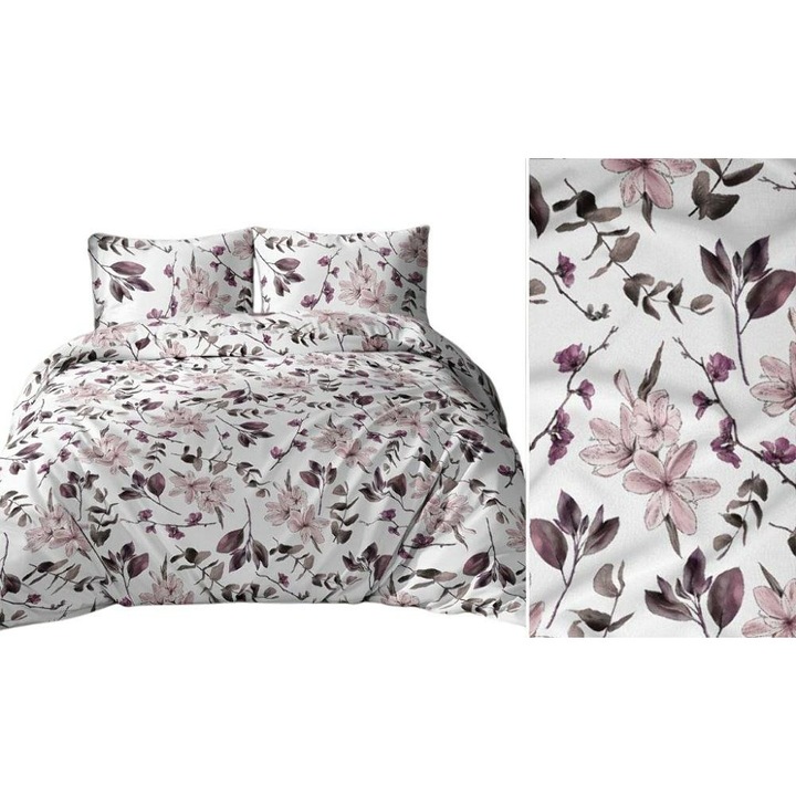 Lenjerie de pat 160x200 alb roz violet flori frunze 5045 B bumbac Max