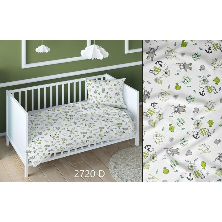 Lenjerie de pat Karo, 140x200cm, 100% bumbac, alb-verde, set 2 piese