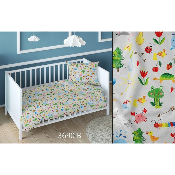 Lenjerie de pat Karo, 160x200cm, 100% bumbac, 3 piese, gri si multicolor