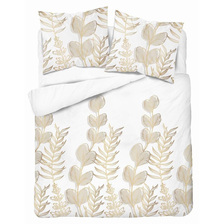 Lenjerie de pat satin 160x200 Alb cu frunze auriu-bej - model elegant, 100% bumbac 5477 B - Home Satin 71