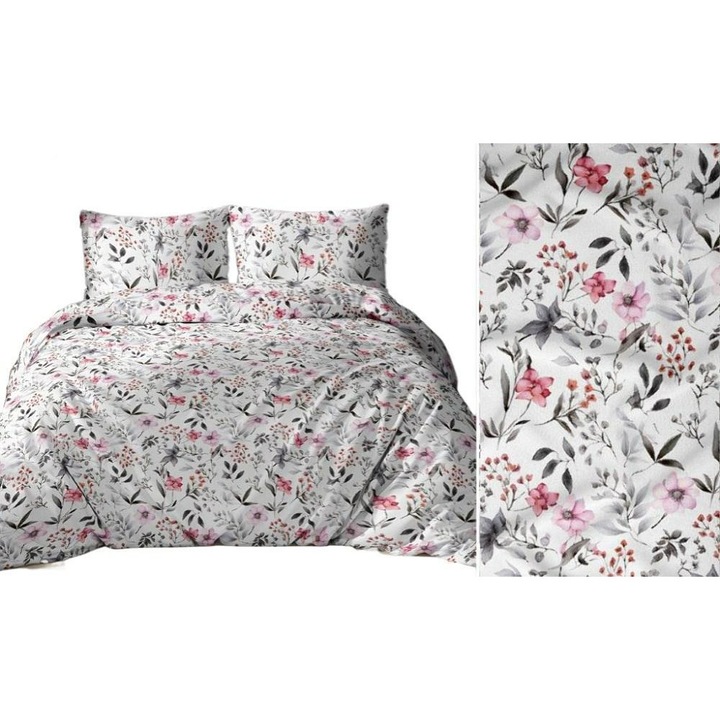Lenjerie de pat 160x200 alb roz gri flori frunze 5046 B bumbac Max