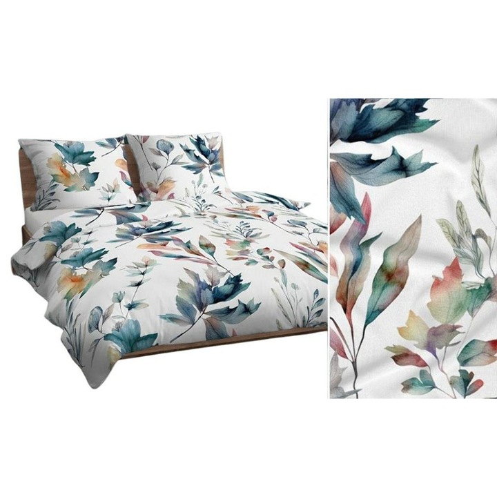 Lenjerie de pat Karo, bumbac, set 2 piese, 140x200cm, alb, portocaliu, turcoaz