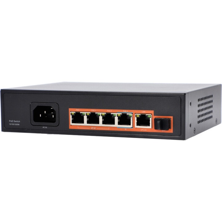 Switch PoE 4 porturi 1Gb/s, 1 port SFP, 60W, 6kV protectie, 187x139x43mm
