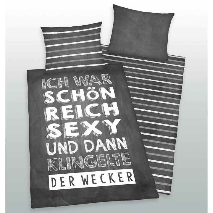 Lenjerie de pat 140x200 Litere dungi gri alb fata de perna 70x90 H24