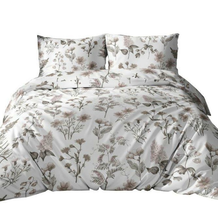 Set lenjerie de pat Karo, bumbac, 160x200cm, 2 fete de perna 70x80cm, alb/bej, cu fermoar