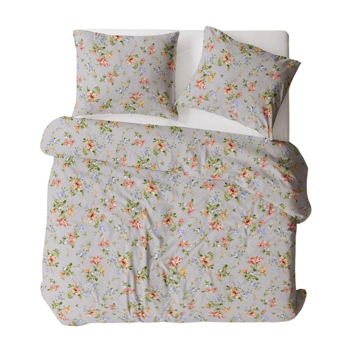 Lenjerie de pat flanel 140x200 1721N gri verde flori portocalii Flanel Comfort prins cu nasturi