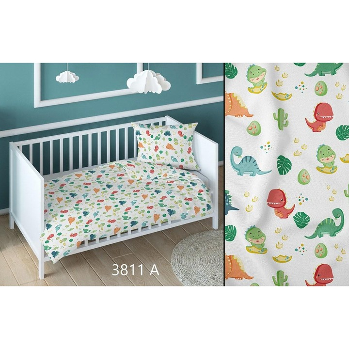 Lenjerie de pat Karo, 160x200cm, 100% bumbac, alb si multicolor, set 3 piese