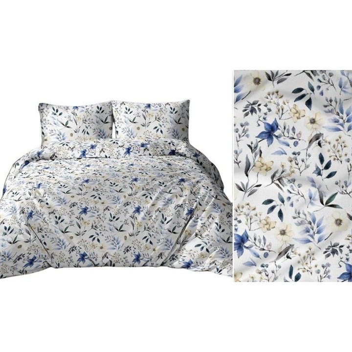 Lenjerie de pat 140x200 alb gri albastru galben flori frunze 5046 C bumbac Max