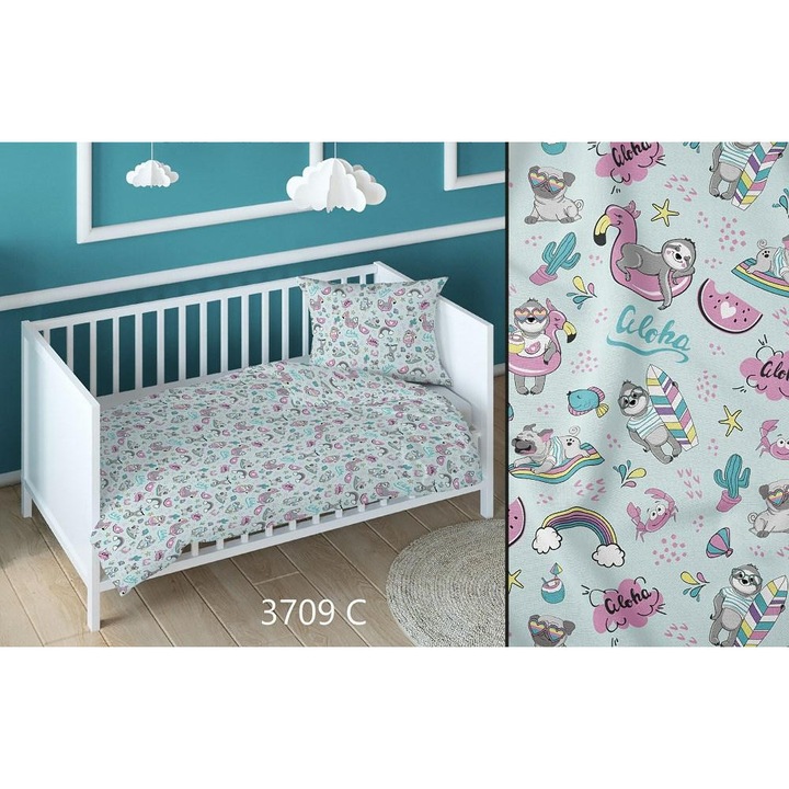 Lenjerie de pat 160x200 caini aloha menta pentru copii prinse cu fermoar 3709 C KARO Cotton Max