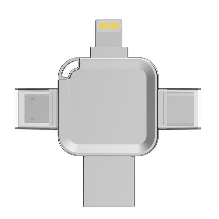 Unitate flash USB cu stare solida 4 in 1, 2TB, incrucisata, USB 3.0, Apple Ligthning/Android OTG/Type-C/Computer USB, rezistenta la apa, plug and play, compatibil cu sistemele WindowsXP/vista/7/3/10, MAC10.6 si mai sus, argintiu