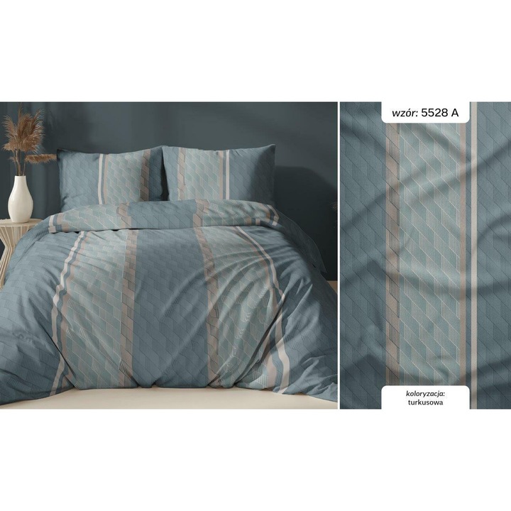 Set lenjerie de pat, Karo, 160x200cm, 100% bumbac, 3 piese, turcoaz