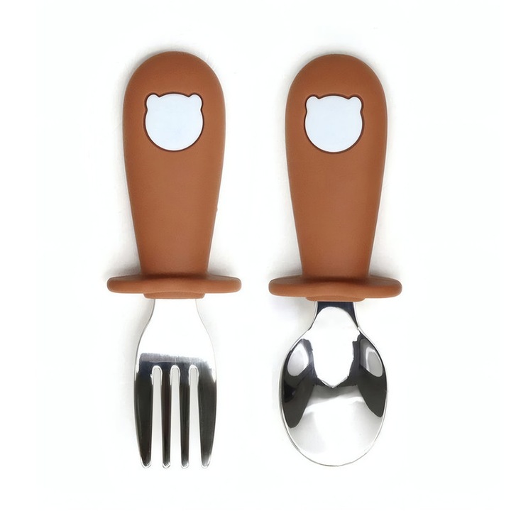 Комплект детски прибори за хранене, дизайн на мече, неръждаема стомана 316, силикон за хранителни цели, 11x3 см, 2 части