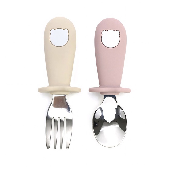 Комплект детски прибори за хранене, 2 части, дизайн на мече, неръждаема стомана 316, силикон за храна, бежово/розово