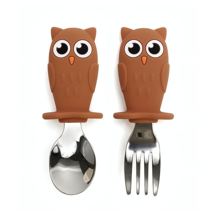 Комплект детски прибори за хранене с тема „бухал“, вилица и лъжица, силикон за храна, неръждаема стомана 316L, 10x3.6 см, кафяв