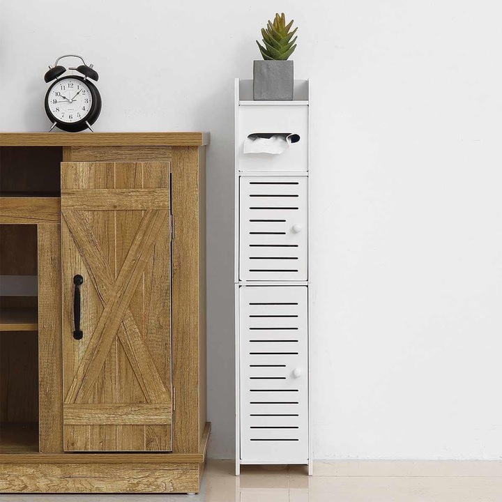 Dulap de baie, LYCENXI®, cu 2 usi, design ingust, alb, 15x15x80cm