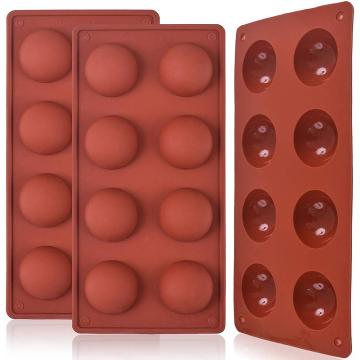 Forma din silicon semisferica cu 8 cavitati, forma de copt pentru prepararea de ciocolata, tort, jeleu, mousse in forma de cupola - 4.5 cm diametru, antiaderenta, rosu