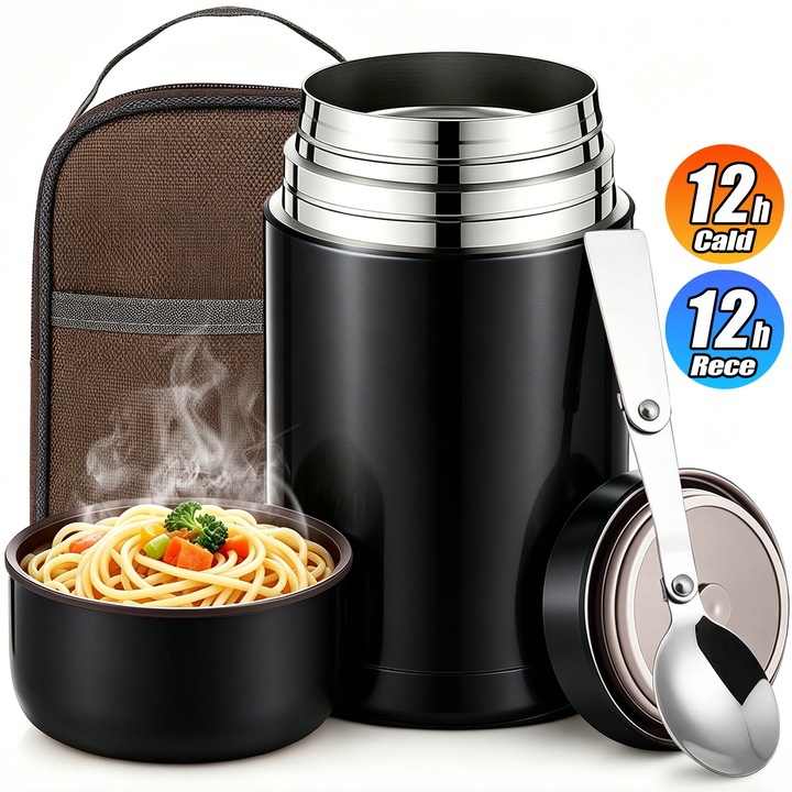Termos Alimentar, pentru Supa/Mancare, BYONDSELF®, cu Sac de Depozitare, 800 ml, 316 Inox, Proaspat Timp de 12 Ore, Portabila, Capac Utilizabil ca Bol, Perfecta pentru Pranz sau Calatorii, Negru