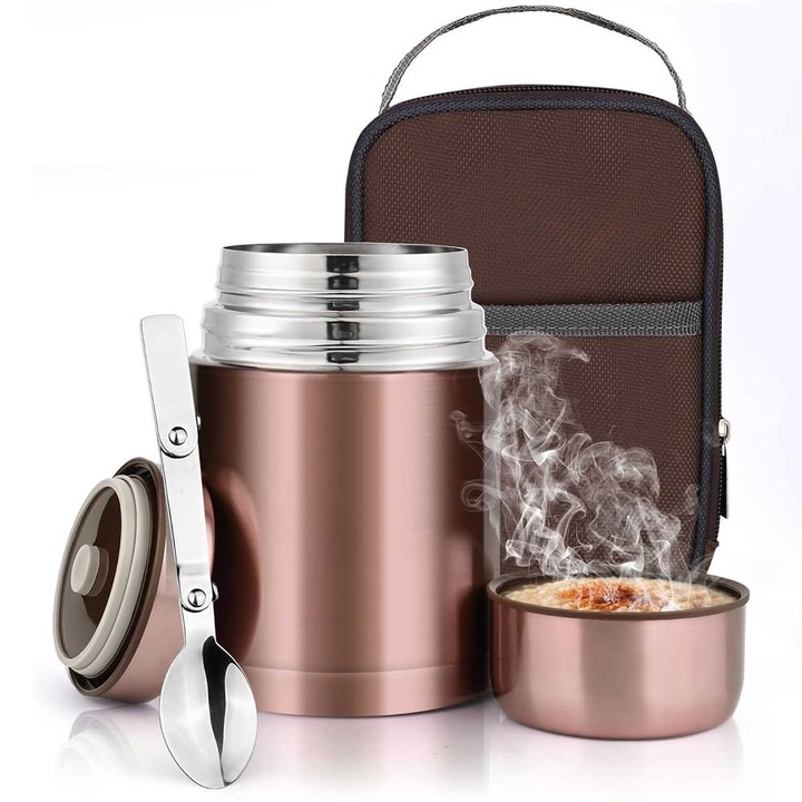 Cutie Alimentara, BYONDSELF®, cu Sac de Depozitare, 800 ml, Inox Etans, Caserola pentru Depozitare Alimente, Capac Utilizabil ca Bol, Lingura Pliabila Inclusa, Perfecta pentru Pranz sau Calatorii, Rosu