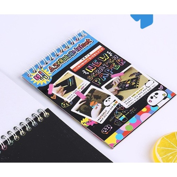 Caiet cu fișe razuibile DIY Magic Scratch, 12 fișe, curcubeu, creion din lemn, A6, multicolor