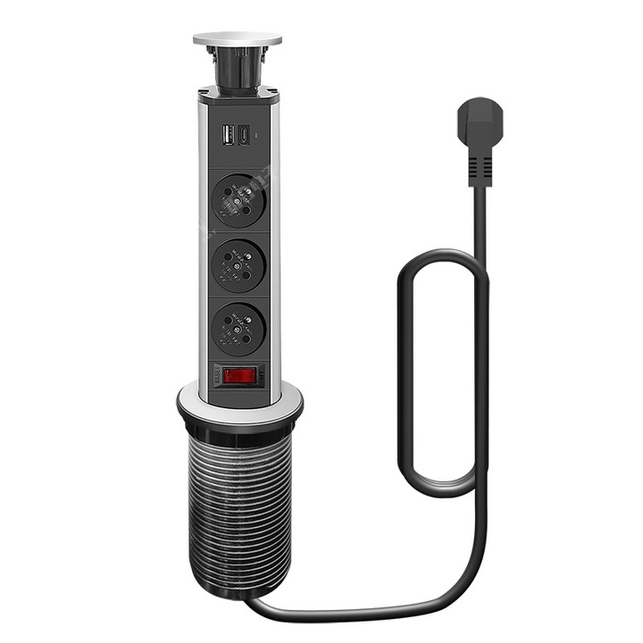 Prelungitor incastrat, Rqiurpn, 3 prize Schuko, 2 prize USB, cablu 1.8 m, negru