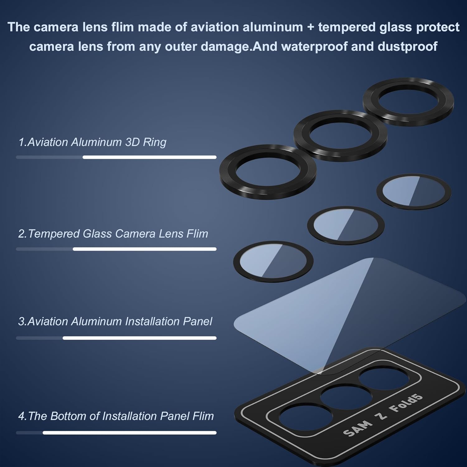 Protector pentru lentile pentru camera pentru Samsung Galaxy Z Fold5, MDUG film de ecran al lentilei din aluminiu din aluminiu, capac pentru lentile protector de ecran, protectie pentru camere spate 9H, sticla temperata cu ghid de aliniere, negru