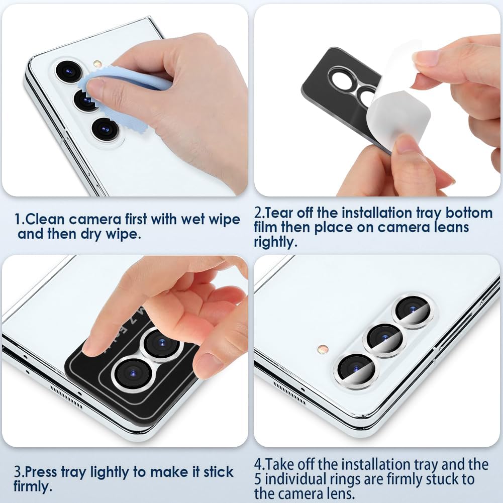 Protector pentru lentile pentru camera pentru Samsung Galaxy Z Fold5, MDUG film de ecran al lentilei din aluminiu din aluminiu, capac pentru lentile protector de ecran, protectie pentru camere spate 9H, sticla temperata cu ghid de aliniere, Argintiu