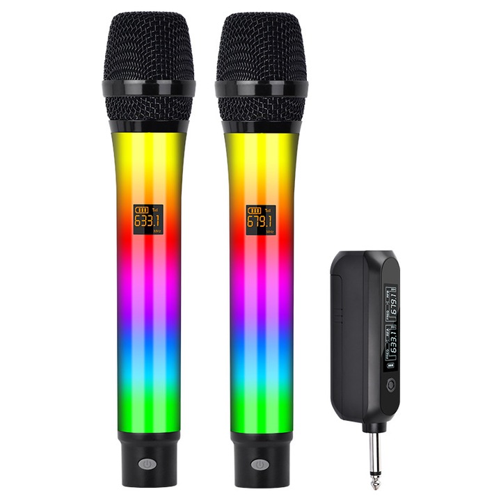 Microfon wireless 2 canale RGB dinamic BOMGE WX-82 Sistem Microfon fara fir, Receiver wireless, cu 2 Microfon wireless de mana, cu Receiver Jack 6,35mm, Baterie reincarcabila, Plug and Play, Pentru karaoke acasa, Portabile, cablu usb, culoare RGB