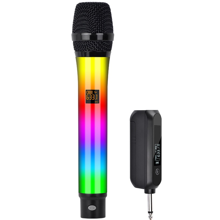 Microfon wireless 1 canale RGB dinamic BOMGE WX-81 Sistem Microfon fara fir, Receiver wireless, cu 1 Microfon wireless de mana, cu Receiver Jack 6,35mm, Baterie reincarcabila, Plug and Play, Pentru karaoke acasa, Portabile, cablu usb, culoare RGB