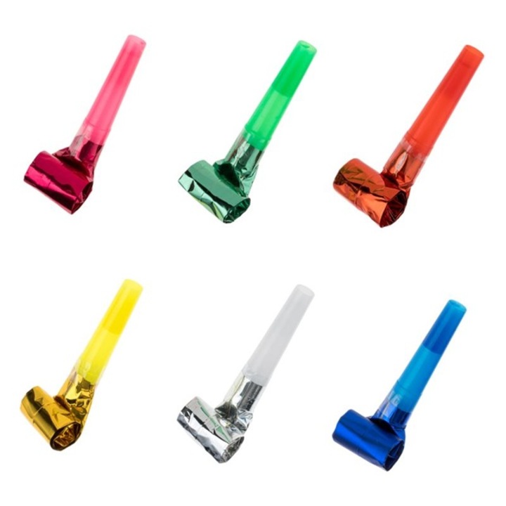 Set 6 suflatori de petrecere, Zanox®, 6 cm, metalizate, multicolor
