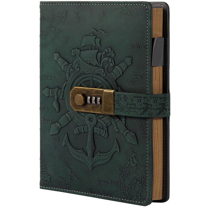 Комплект ретро тефтер/химикалка, BYONDSELF®, релефен тефтер с морски мотив, подходящ за жени и мъже, формат A5, с ключалка, за работа, офис или училище, качествен тефтер с кожена подвързия, подарък за дневник, зелен